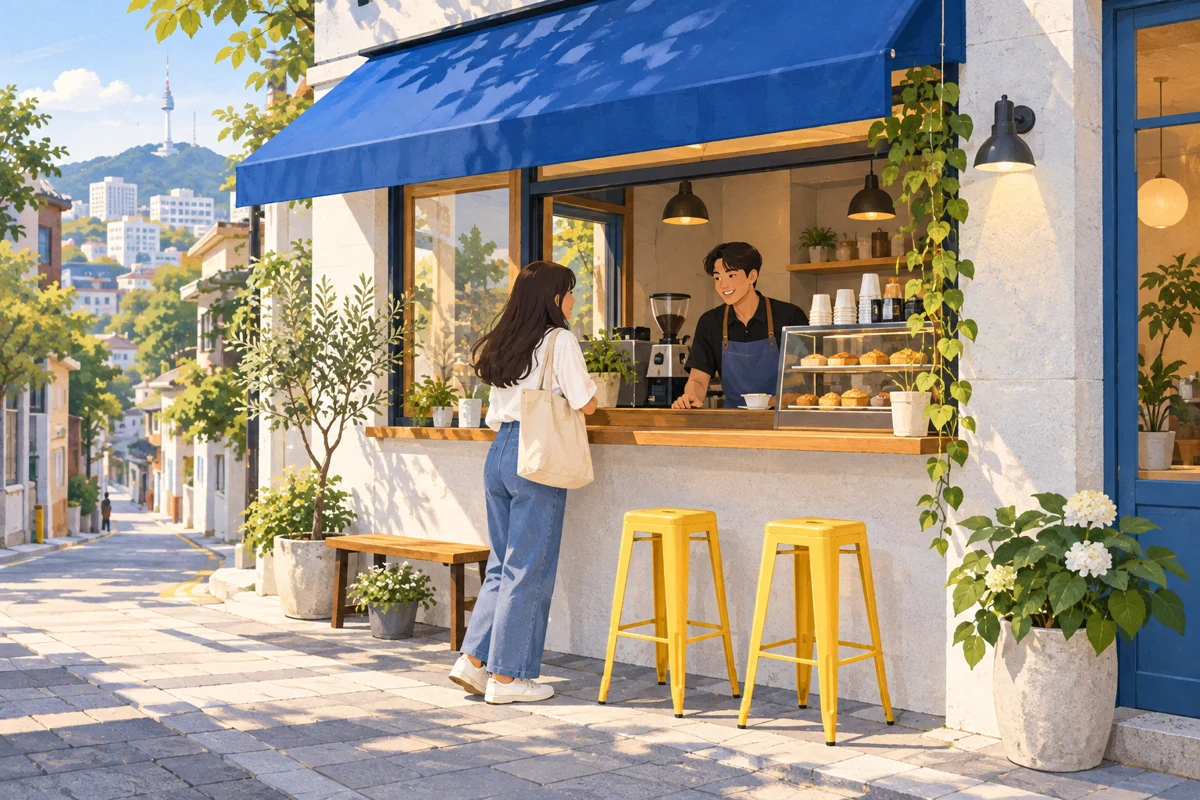 Illustration of a customer ordering at a sunny Korean café with a blue awning